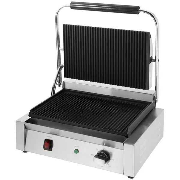 Contact-/Paninigrill | BISTRO | Enkel | Gegroefd Oppervlak 343x227 (Gietijzer) | 50°C/300°C | 2.2kW (230V) | 380x395x210(h)mm