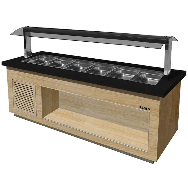 Verwarmd Buffet | PREMIUM LINE | Houtlook/Graniet | 6x 1/1 GN | 30°C/90°C | Bain-Marie | Verlichte Kap | Wielen (Geremd) | 2300x880x1350(h)mm
