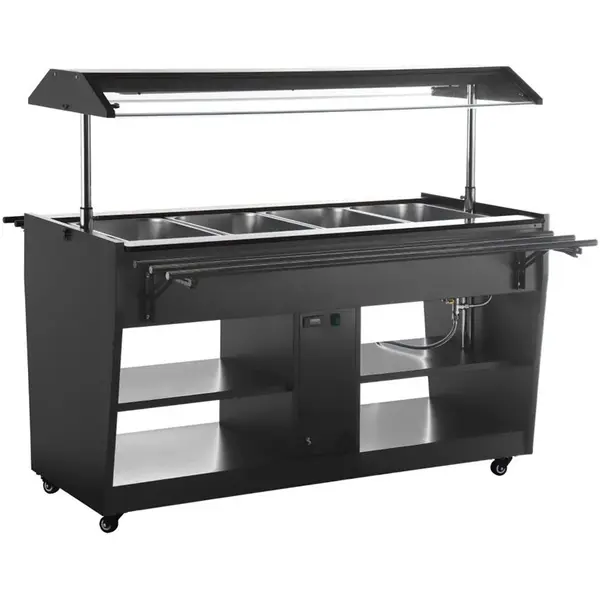 Verwarmd Buffet | Zwart | 4x 1/1 GN | 30°C/90°C | Bain-Marie | Liftkap (Verlicht) | Wielen (Geremd) | 1058x740x1356(h)mm