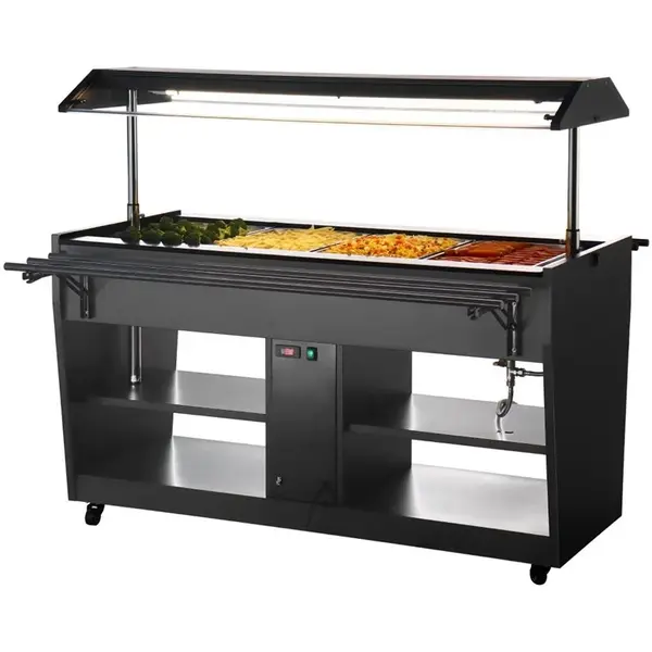 Verwarmd Buffet | Zwart | 4x 1/1 GN | 30°C/90°C | Bain-Marie | Liftkap (Verlicht) | Wielen (Geremd) | 1058x740x1356(h)mm