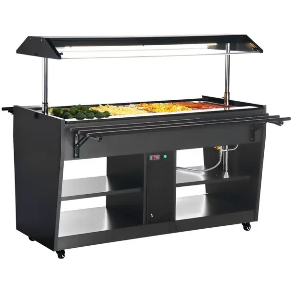 Verwarmd Buffet | Zwart | 4x 1/1 GN | 30°C/90°C | Bain-Marie | Liftkap (Verlicht) | Wielen (Geremd) | 1058x740x1356(h)mm