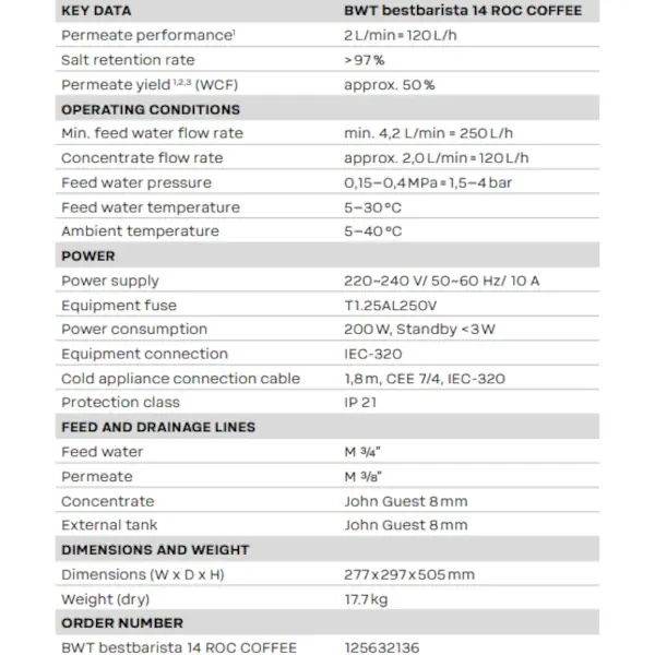Omgekeerde Osmose Unit | bestbarista ROC COFFEE | 120L/u | 0.2kW (230V) | 277x297x505(h)mm