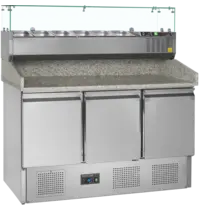 Tefcold Pizzawerkbank + Opzetkoelvitrine | 400L | 3 Deuren (1/1 GN) | Boven 6x 1/4 GN | +2°C/+10°C | Statisch + Ventilator | 1365x700x1011/1459(h)mm