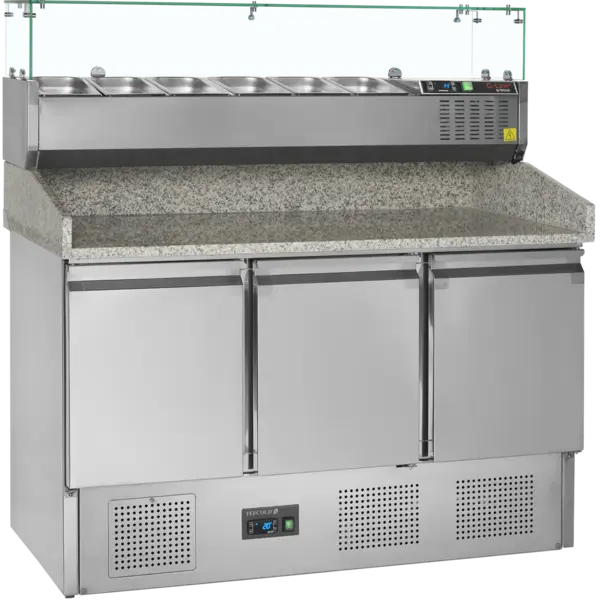 Pizzawerkbank + Opzetkoelvitrine | 400L | 3 Deuren (1/1 GN) | Boven 6x 1/4 GN | +2°C/+10°C | Statisch + Ventilator | 1365x700x1011/1459(h)mm