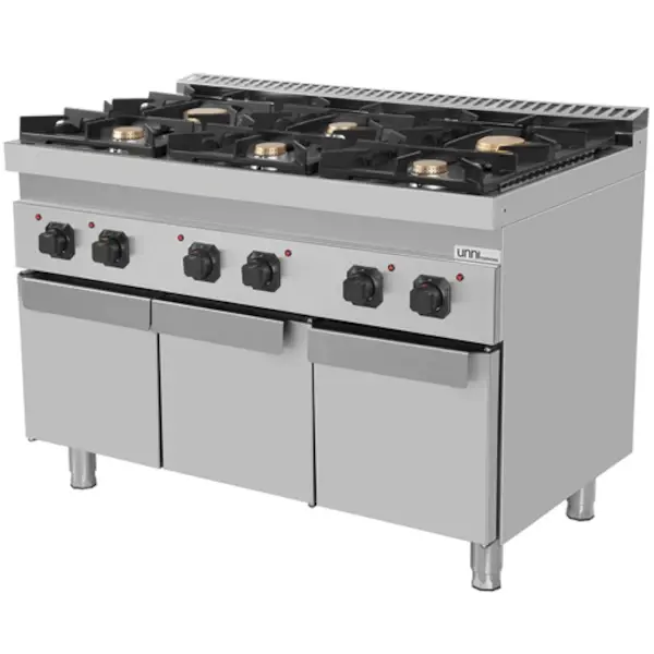 Fornuis | 700 SERIE | Gas | 6 Branders (4x 6.5kW, 2x 9kW) | Waakvlam | 3 Neutrale Vakken | 1200x700x800/900(h)mm