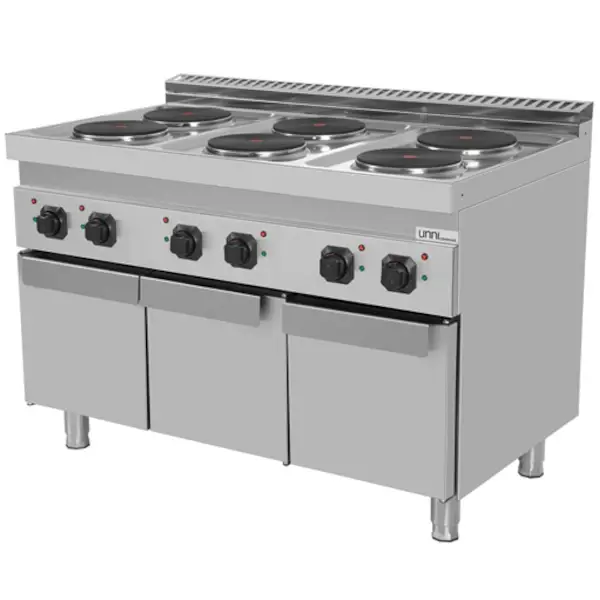 Fornuis | 700 SERIE | Elektrisch | 6 Kookpunten (Ø220) | 15.6kW (400V) | 3 Neutrale Vakken | 1200x700x850(h)mm