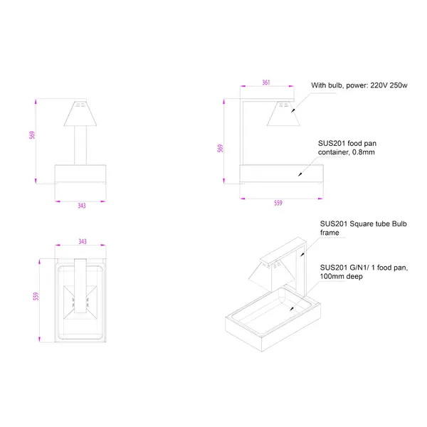 Warmhoudbrug | RVS | 1/1 GN | 250W | Incl. Lamp | 343x559x569(h)mm