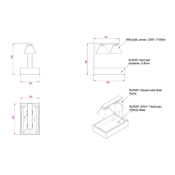 Warmhoudbrug | RVS | 1/1 GN | 2x 250W | Incl. Lampen | 343x559x569(h)mm