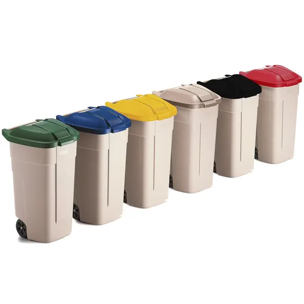 Rolcontainer | Kunststof | Beige/Rood | 100L | Klapdeksel | Wielen | 560x515x820(h)mm