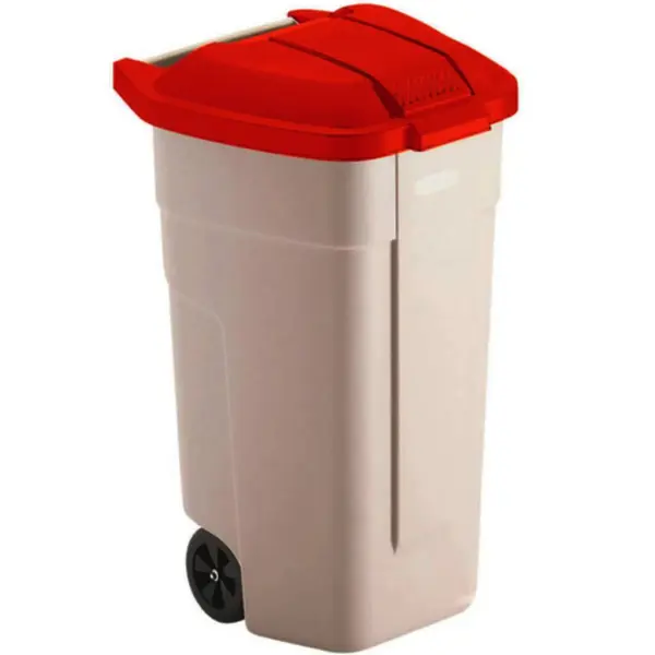 Rolcontainer | Kunststof | Beige/Rood | 100L | Klapdeksel | Wielen | 560x515x820(h)mm
