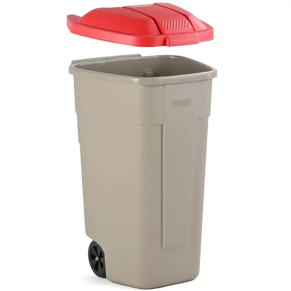 Rolcontainer | Kunststof | Beige/Rood | 100L | Klapdeksel | Wielen | 560x515x820(h)mm