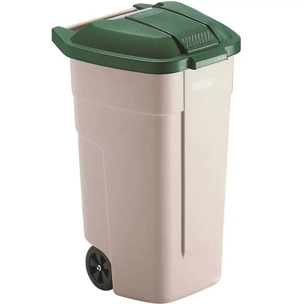Rolcontainer | Kunststof | Beige/Groen | 100L | Klapdeksel | Wielen | 560x515x820(h)mm