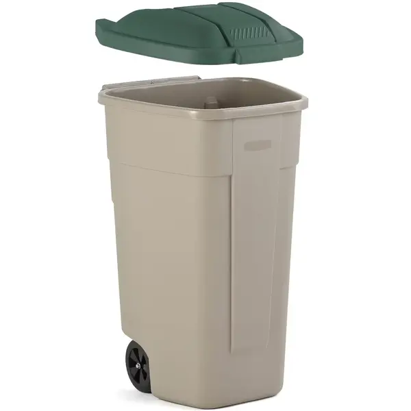Rolcontainer | Kunststof | Beige/Groen | 100L | Klapdeksel | Wielen | 560x515x820(h)mm
