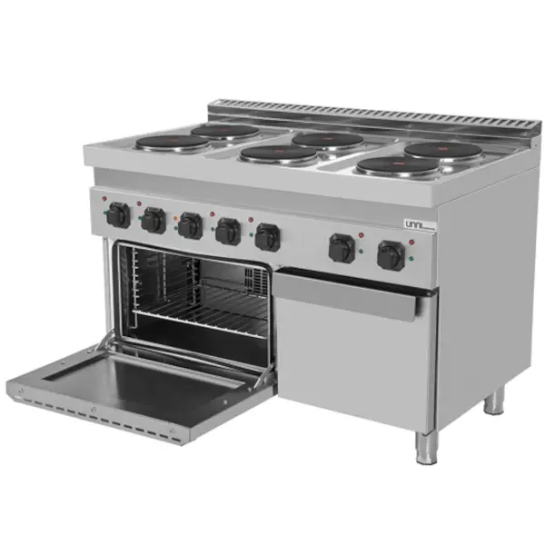 Fornuis + Oven | 700 SERIE | Elektrisch | 6 Kookpunten (Ø220) + 1/1 GN Oven | 19.4kW (400V) | Neutraal Vak | 1200x700x850/900(h)mm