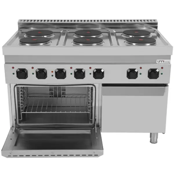 Fornuis + Oven | 700 SERIE | Elektrisch | 6 Kookpunten (Ø220) + 1/1 GN Oven | 19.4kW (400V) | Neutraal Vak | 1200x700x850/900(h)mm