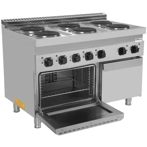 Fornuis + Oven | 700 SERIE | Elektrisch | 6 Kookpunten (Ø220) + 1/1 GN Oven | 19.4kW (400V) | Neutraal Vak | 1200x700x850/900(h)mm
