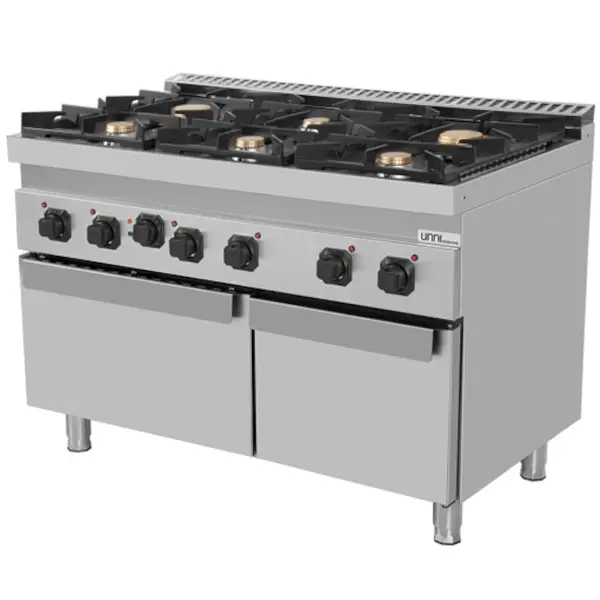 Fornuis + Oven | 700 SERIE | Gas | 6 Branders (4x 6.5kW, 2x 9kW) + 1/1 GN Oven (3.8kW - 400V) | Waakvlam | Neutraal Vak | 1200x700x850/900(h)mm