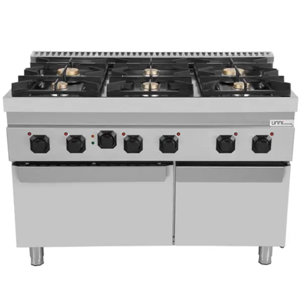 Fornuis + Oven | 700 SERIE | Gas | 6 Branders (4x 6.5kW, 2x 9kW) + 1/1 GN Oven (3.8kW - 400V) | Waakvlam | Neutraal Vak | 1200x700x850/900(h)mm