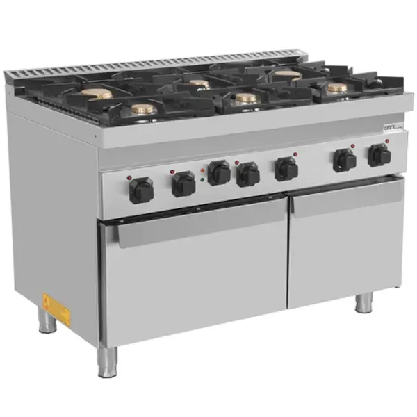 Fornuis + Oven | 700 SERIE | Gas | 6 Branders (4x 6.5kW, 2x 9kW) + 1/1 GN Oven (3.8kW - 400V) | Waakvlam | Neutraal Vak | 1200x700x850/900(h)mm