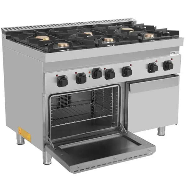 Fornuis + Oven | 700 SERIE | Gas | 6 Branders (4x 6.5kW, 2x 9kW) + 1/1 GN Oven (3.8kW - 400V) | Waakvlam | Neutraal Vak | 1200x700x850/900(h)mm