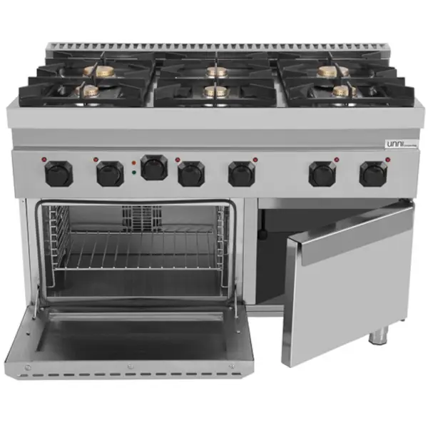 Fornuis + Oven | 700 SERIE | Gas | 6 Branders (4x 6.5kW, 2x 9kW) + 1/1 GN Oven (3.8kW - 400V) | Waakvlam | Neutraal Vak | 1200x700x850/900(h)mm