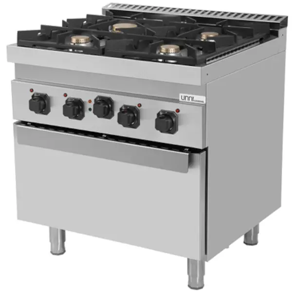 Fornuis + Oven | 700 SERIE | Gas | 4 Branders (3x 6.5kW, 1x 9kW) + 1/1 GN Oven (3.8kW - 400V) | Waakvlam | 800x700x850/900(h)mm