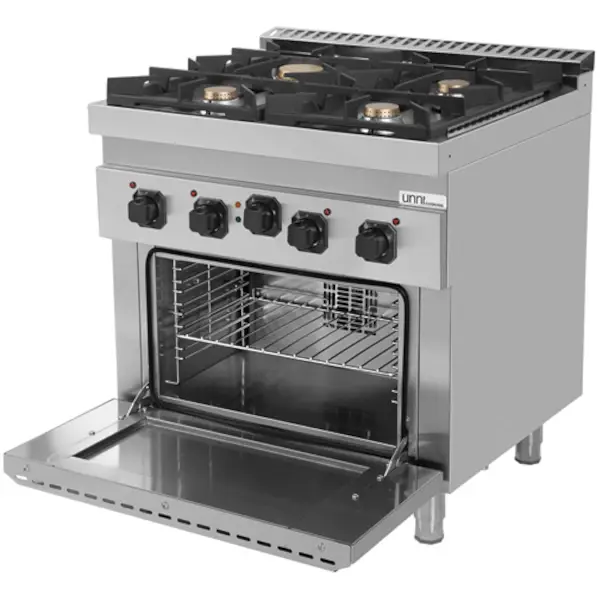 Fornuis + Oven | 700 SERIE | Gas | 4 Branders (3x 6.5kW, 1x 9kW) + 1/1 GN Oven (3.8kW - 400V) | Waakvlam | 800x700x850/900(h)mm