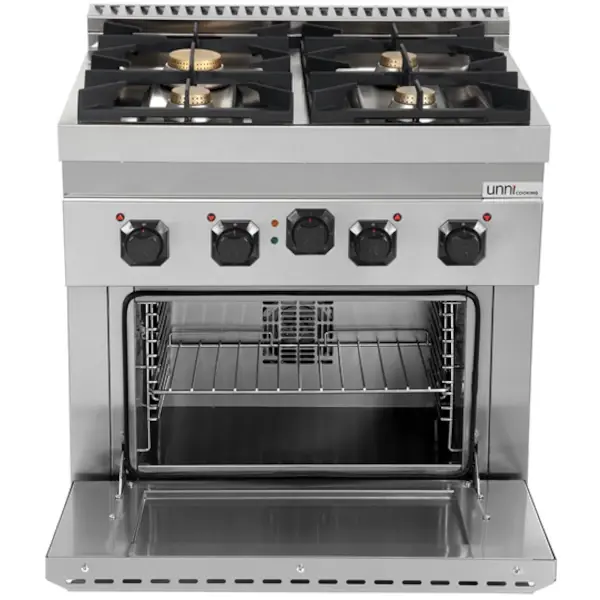 Fornuis + Oven | 700 SERIE | Gas | 4 Branders (3x 6.5kW, 1x 9kW) + 1/1 GN Oven (3.8kW - 400V) | Waakvlam | 800x700x850/900(h)mm