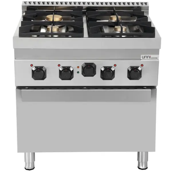 Fornuis + Oven | 700 SERIE | Gas | 4 Branders (3x 6.5kW, 1x 9kW) + 1/1 GN Oven (3.8kW - 400V) | Waakvlam | 800x700x850/900(h)mm
