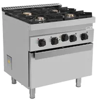 UNNI-COOKING Fornuis + Oven | 700 SERIE | Gas | 4 Branders (3x 6.5kW, 1x 9kW) + 1/1 GN Oven (3.8kW - 400V) | Waakvlam | 800x700x850/900(h)mm