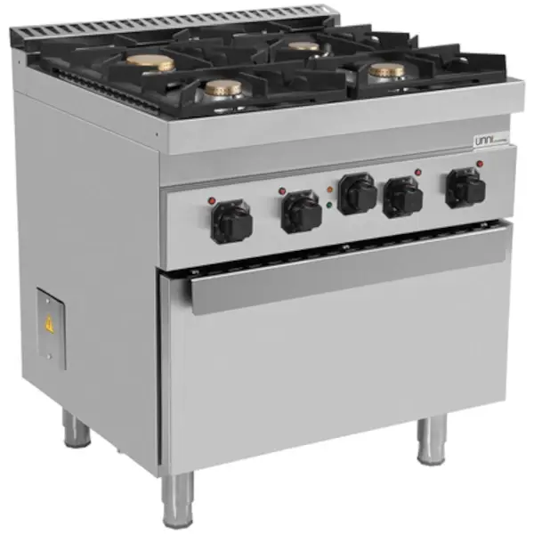 Fornuis + Oven | 700 SERIE | Gas | 4 Branders (3x 6.5kW, 1x 9kW) + 1/1 GN Oven (3.8kW - 400V) | Waakvlam | 800x700x850/900(h)mm