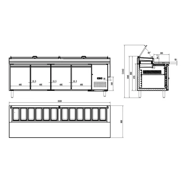 Pizzawerkbank | 943L | 4 Deuren (EN600x400) | Boven 12x 1/3 GN | +2°C/+8°C | Geforceerd | 2528x800x890/1040(h)mm