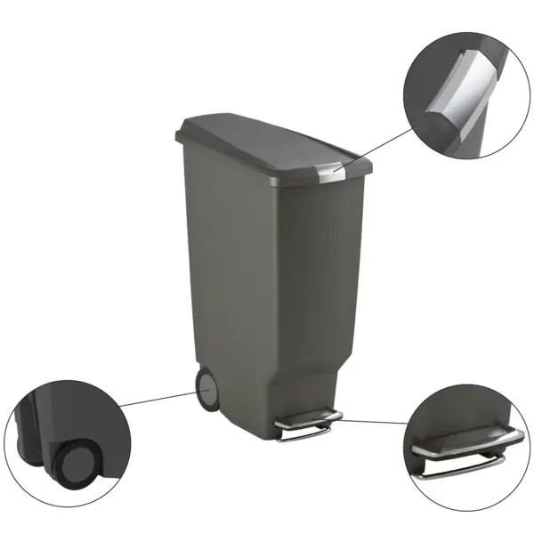 Pedaalemmer | SLIM STEP CAN | Kunststof | Grijs | 40L | Klapdeksel | Wielen | 490x260x640(h)mm