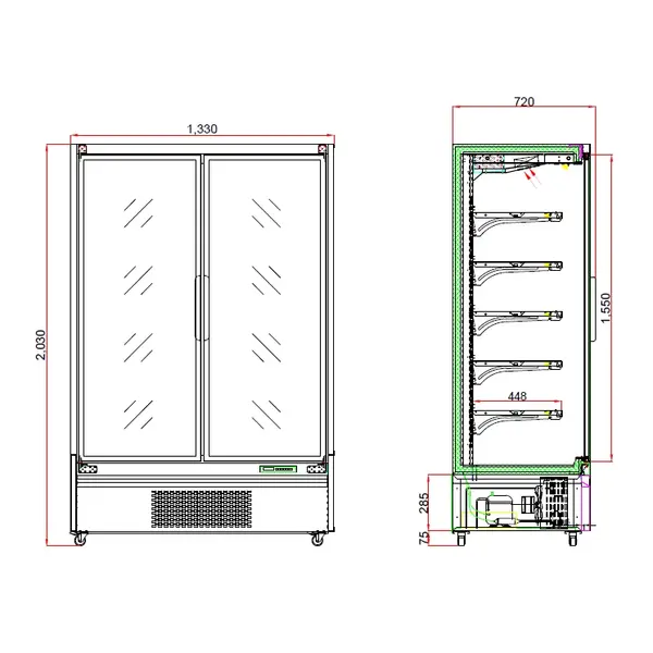 Wandkoeling | LUKE | Zwart | +2°C/+10°C | Geforceerd | Draaideuren | Wielen (Geremd) | 1330x720x2030(h)mm