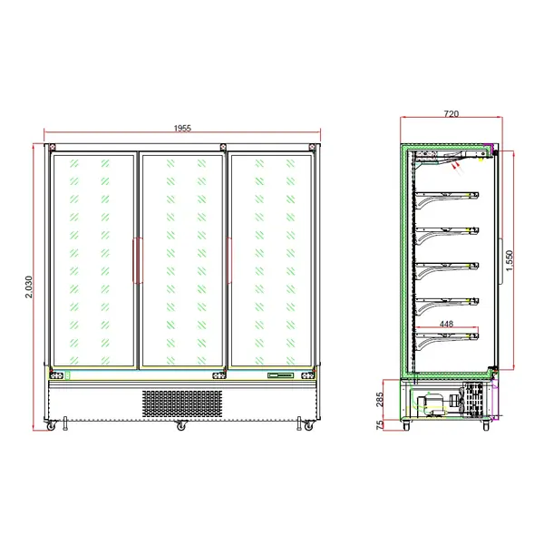 Wandkoeling | LUKE | Zwart | +2°C/+10°C | Geforceerd | Draaideuren | Wielen (Geremd) | 1955x720x2030(h)mm