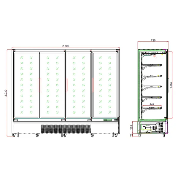 Wandkoeling | LUKE | Zwart | +2°C/+10°C | Geforceerd | Draaideuren | Wielen (Geremd) | 2508x720x2030(h)mm
