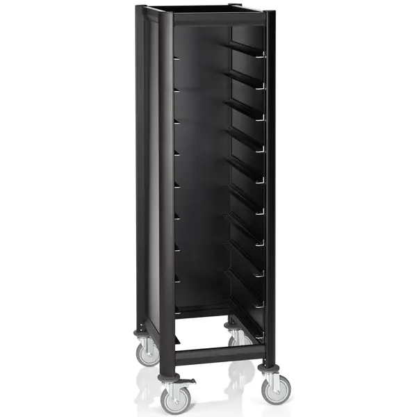 Regaalwagen | MENSA BLACK | Aluminium/Hout | 10 Etages (EN530x370) + Bovenblad | Wielen (Geremd) | 500x600x1650(h)mm
