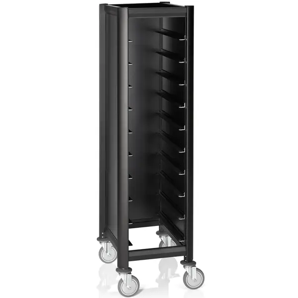 Regaalwagen | MENSA BLACK | Aluminium/Hout | 10 Etages (1/1 GN) + Bovenblad | Wielen (Geremd) | 445x600x1650(h)mm