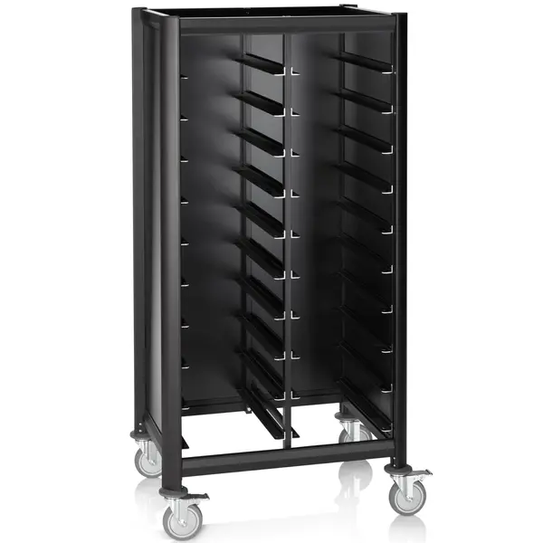 Regaalwagen | MENSA BLACK | Aluminium/Hout | 2x 10 Etages (1/1 GN) + Bovenblad | Wielen (Geremd) | 800x600x1650(h)mm