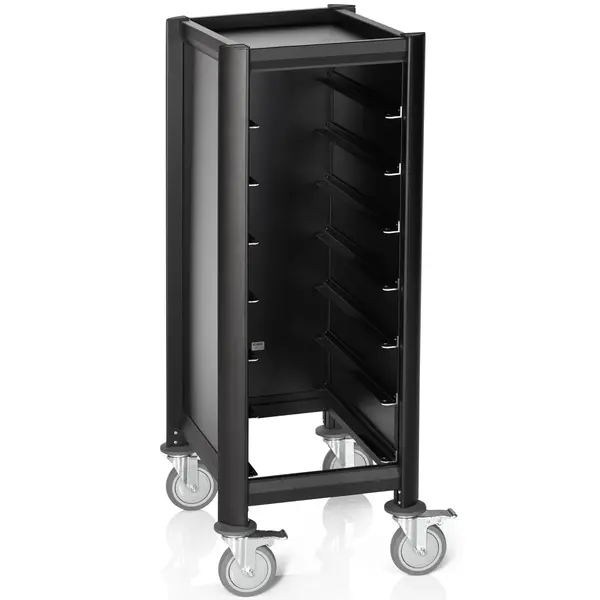 Regaalwagen | MENSA BLACK | Aluminium/Hout | 7 Etages (1/1 GN) + Bovenblad | Wielen (Geremd) | 445x600x1250(h)mm