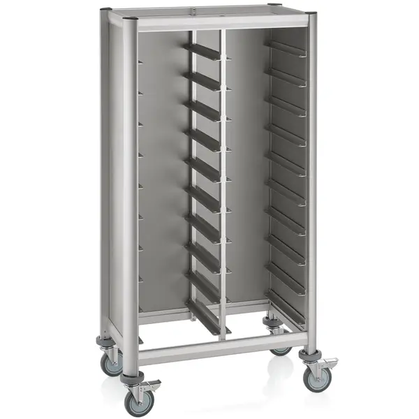 Regaalwagen | MENSA | Aluminium/Hout | 2x 10 Etages (455x355) + Bovenblad | Wielen (Geremd) | 860x510x1650(h)mm