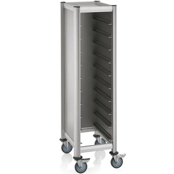 Regaalwagen | MENSA | Aluminium/Hout | 10 Etages (1/1 GN) + Bovenblad | Wielen (Geremd) | 445x600x1650(h)mm