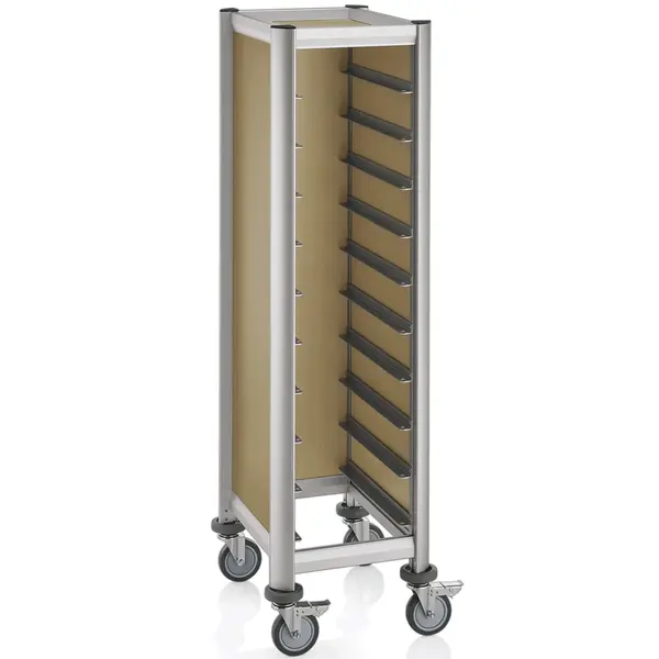 Regaalwagen | MENSA | Aluminium/Hout | 10 Etages (1/1 GN) + Bovenblad | Wielen (Geremd) | 445x600x1650(h)mm