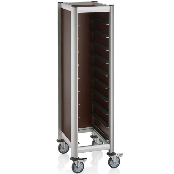 Regaalwagen | MENSA | Aluminium/Hout | 10 Etages (1/1 GN) + Bovenblad | Wielen (Geremd) | 445x600x1650(h)mm