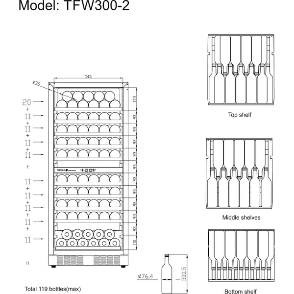 Wijnkoelkast | SERIE TFW | 270L (119x 75cl) | Zwart | 2 Zones | +5°C/+18°C | Statisch + Ventilator | 595x680x1390(h)mm