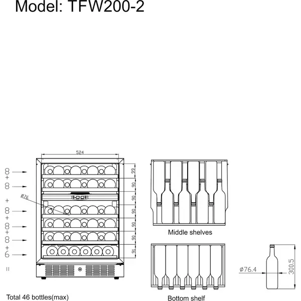 Wijnkoelkast | SERIE TFW | 155L (46x 75cl) | RVS/Zwart | 2 Zones | +5°C/+18°C | Statisch + Ventilator | 595x570x820(h)mm