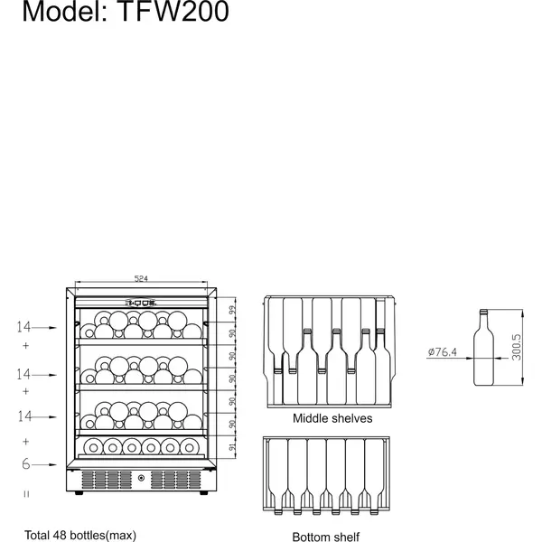 Wijnkoelkast | SERIE TFW | 155L (48x 75cl) | RVS/Zwart | 1 Zone | +5°C/+18°C | Statisch + Ventilator | 595x570x820(h)mm