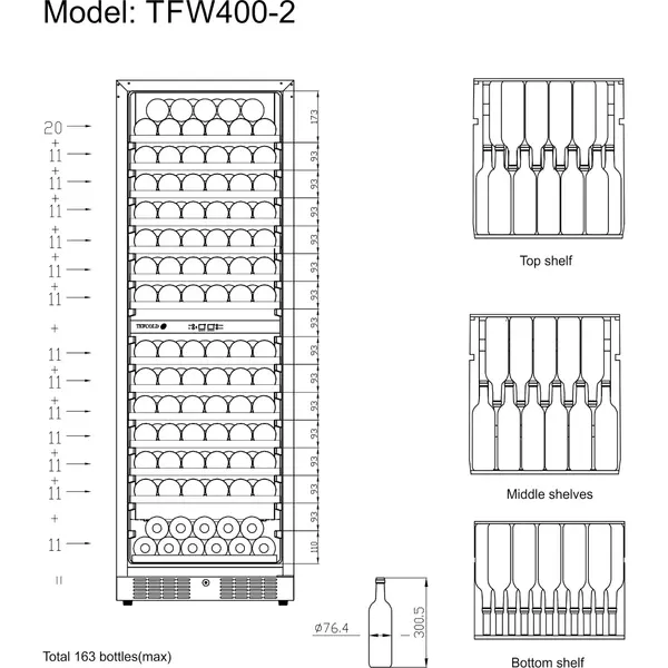 Wijnkoelkast | SERIE TFW | 416L (163x 75cl) | Zwart | 2 Zones | +5°C/+18°C | Statisch + Ventilator | 595x680x1760(h)mm