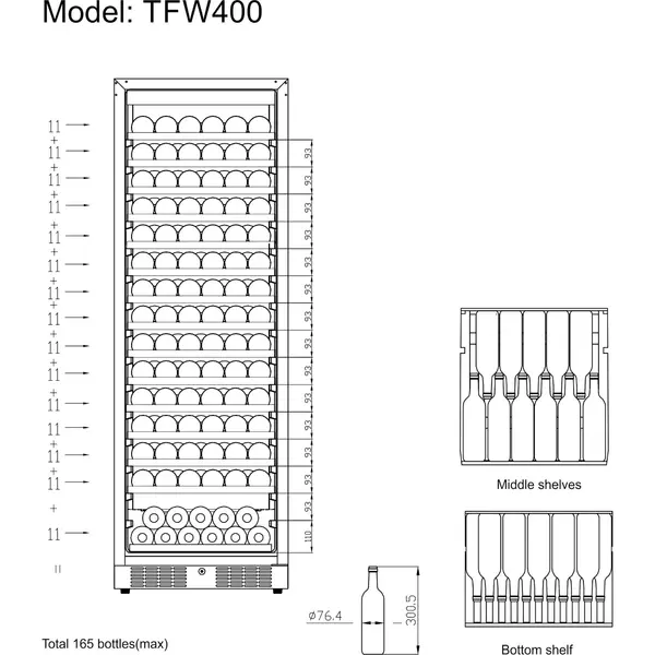 Wijnkoelkast | SERIE TFW | 426L (165x 75cl) | Zwart | 1 Zone | +5°C/+18°C | Statisch + Ventilator | 595x680x1760(h)mm