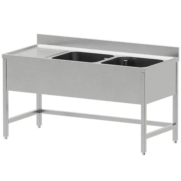 Spoeltafel | ECO | RVS | 2 Spoelbakken (Rechts) + Afdruipvlak | Achteropstand | 1600x700x865/965(h)mm
